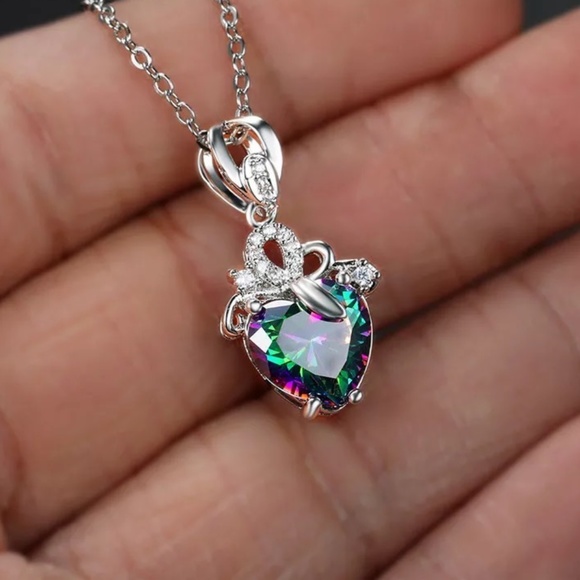 Sterling Silver Rainbow Zircon Stone Multicolor Pendant Necklace - Picture 1 of 4
